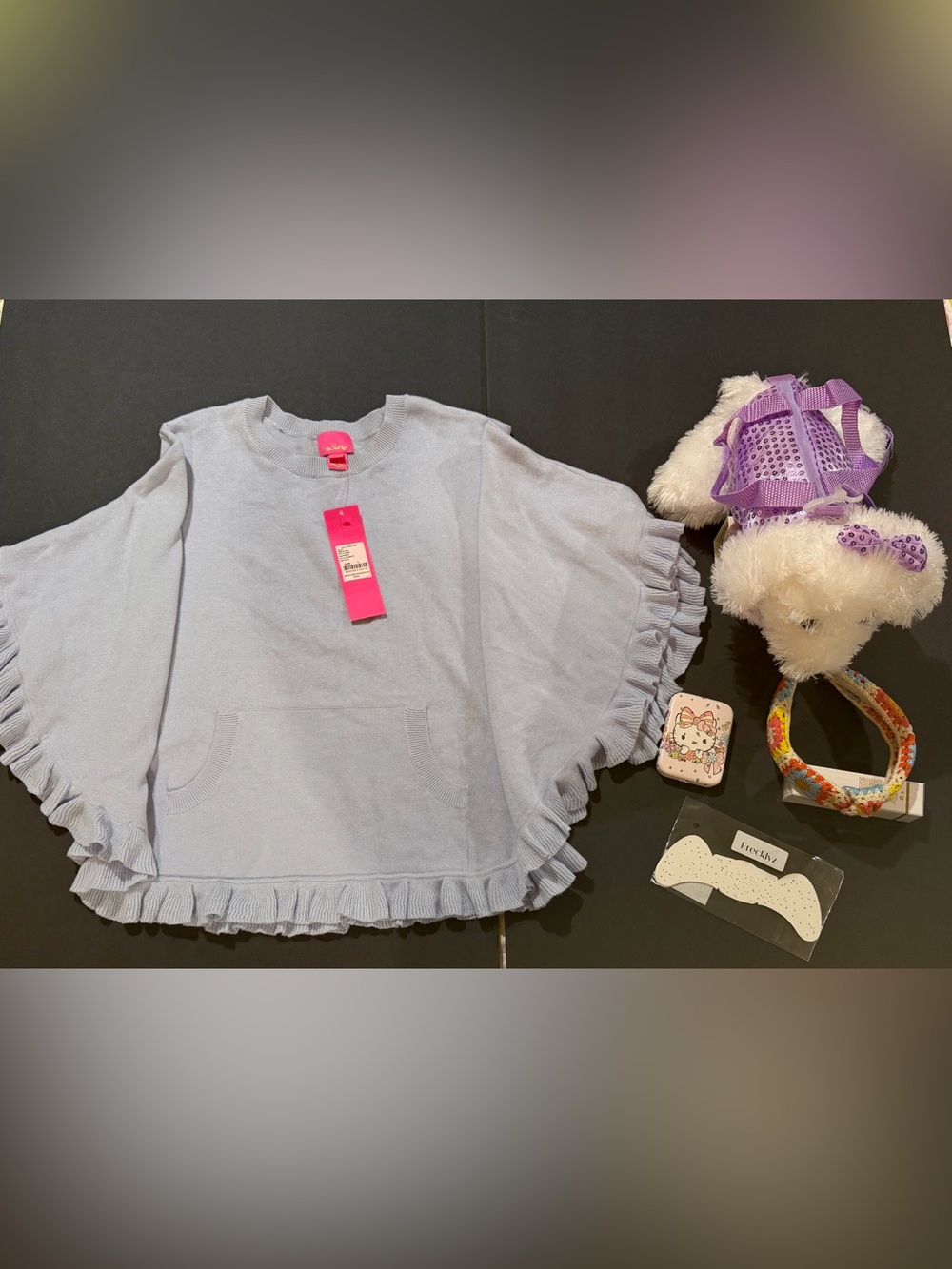 Lilly Pulitzer Light Blue Ruffle Knit Kids Poncho and doggie purse mirror head